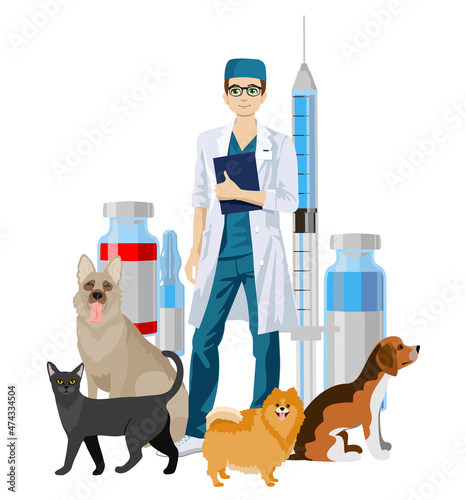 Pet veterinarian. Veterinary doctor checking and treating animals. Idea of pet care. Animal medical treatment and vaccination. Vector Illustration of man veterinarian with cute pets, dogs, cat.