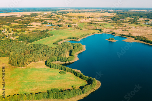 Braslaw District, Vitebsk Voblast, Belarus. Aerial View Of Nedrovo Lake, Green Forest Landscape. Top View Of Beautiful European Nature From High Attitude. Bird's Eye View. Famous Lakes © Grigory Bruev