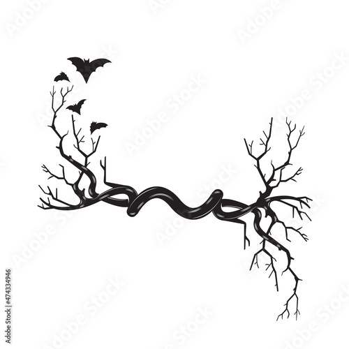 Branches tree roots frame woodcut vintage Line art. vector illustration.