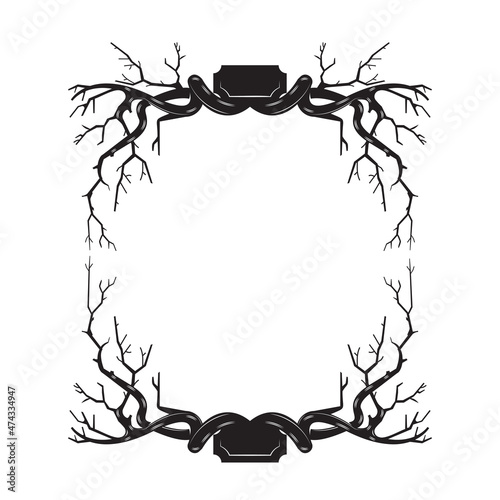 Branches tree roots frame woodcut vintage Line art. vector illustration.