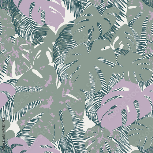 Botanical seamless pattern with leaves of tropical plants on light background. Jungle foliage illustration. Hand-drawn in ink outlines was converted in vector image. Exotic plants in trendy colours.