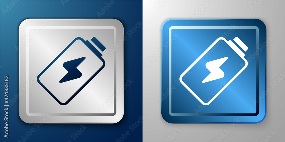White Battery charge level indicator icon isolated on blue and grey background. Silver and blue square button. Vector White Battery charge level indicator icon isolated on blue and grey background. Silver and blue square button. Vector