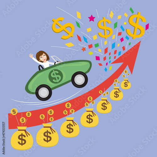 Businesswoman driving cash payment car in financial raise graph way up, Illustration vector cartoon
