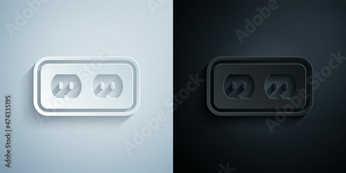 Paper cut Electrical outlet icon isolated on grey and black background. Power socket. Rosette symbol. Paper art style. Vector