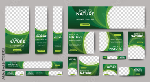 Nature banner design web template Set, Horizontal header web banner. Modern Gradient green cover header background for website design, Social Media Cover ads banner, flyer, invitation card