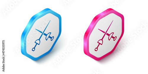 Isometric Fencing icon isolated on white background. Sport equipment. Hexagon button. Vector