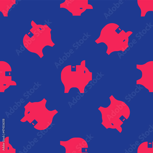 Red Piggy bank icon isolated seamless pattern on blue background. Icon saving or accumulation of money, investment. Vector