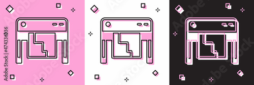 Set Plotter icon isolated on pink and white, black background. Large format multifunction printer. Polygraphy, printshop service. Vector