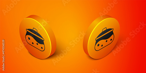 Isometric Cooking pot icon isolated on orange background. Boil or stew food symbol. Orange circle button. Vector © Iryna