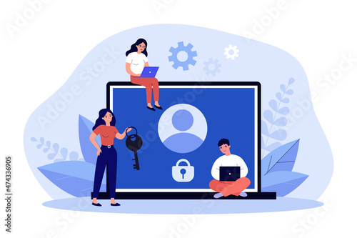 Tiny people with account under lock on laptop screen. Woman with key helping unblock profile flat vector illustration. Banned access, restriction concept for banner, website design or landing web page photo