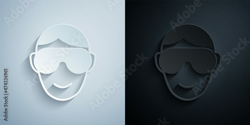Paper cut Eye sleep mask icon isolated on grey and black background. Sleeping mask. Paper art style. Vector