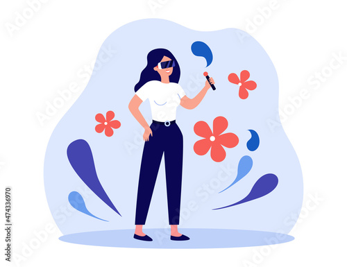 Artist painting with digital brush in virtual reality. Woman in VR glasses creating in cyberspace flat vector illustration. Study, visual art concept for banner, website design or landing web page