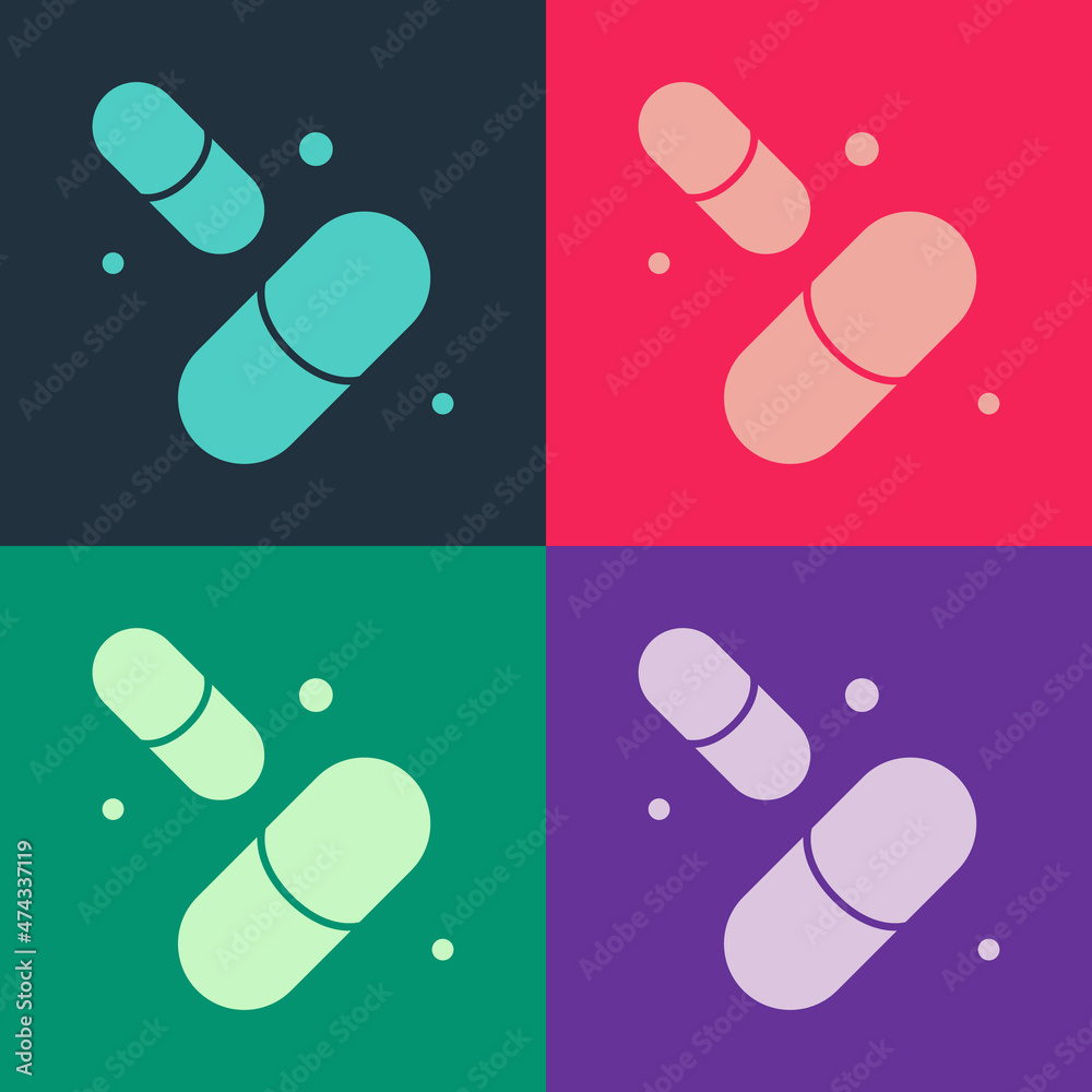 Pop art Vitamin complex of pill capsule icon isolated on color background. Healthy lifestyle. Vector Pop art Vitamin complex of pill capsule icon isolated on color background. Healthy lifestyle. Vector