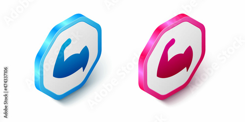 Isometric Bodybuilder showing his muscles icon isolated on white background. Fit fitness strength health hobby concept. Hexagon button. Vector