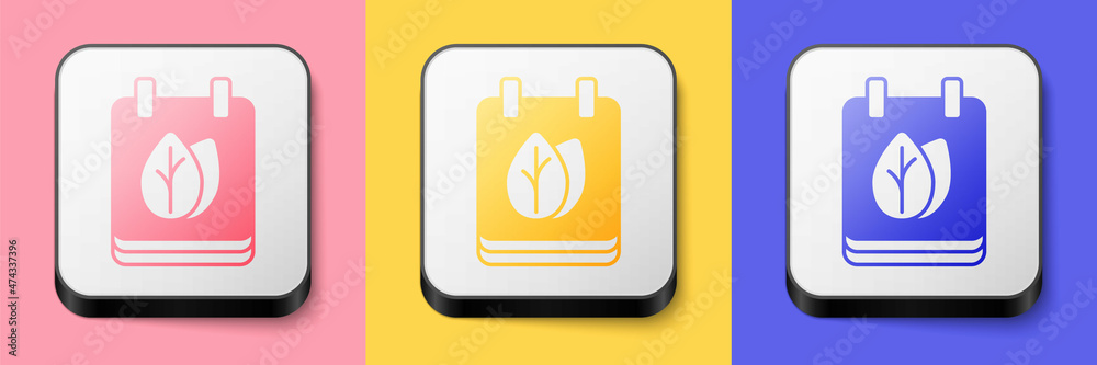 Isometric Calendar with autumn leaves icon isolated on pink, yellow and blue background. Square button. Vector Isometric Calendar with autumn leaves icon isolated on pink, yellow and blue background. Square button. Vector