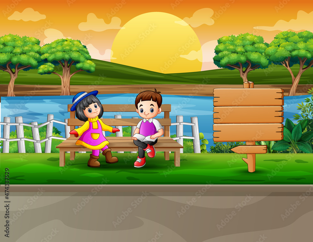 Cartoon two smart kids reading a book on a chair with nature background Cartoon two smart kids reading a book on a chair with nature background