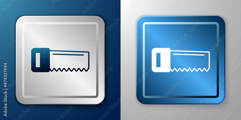 White Hand saw icon isolated on blue and grey background. Silver and blue square button. Vector White Hand saw icon isolated on blue and grey background. Silver and blue square button. Vector