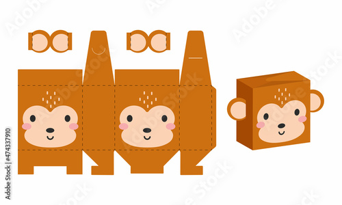 Simple packaging favor box monkey design for sweets, candies, presents, bakery. DIY package template for any purposes, birthdays, baby showers, halloween, christmas. Print, cutout, fold, glue.