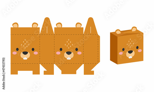Simple packaging favor box beaver design for sweets, candies, presents, bakery. DIY package template for any purposes, birthdays, baby showers, halloween, christmas. Print, cutout, fold, glue.