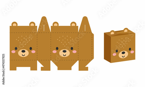 Simple packaging favor box bear design for sweets, candies, presents, bakery. DIY package template for any purposes, birthdays, baby showers, halloween, christmas. Print, cutout, fold, glue.