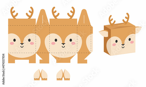 Simple packaging favor box deer design for sweets, candies, presents, bakery. DIY package template for any purposes, birthdays, baby showers, halloween, christmas. Print, cutout, fold, glue.