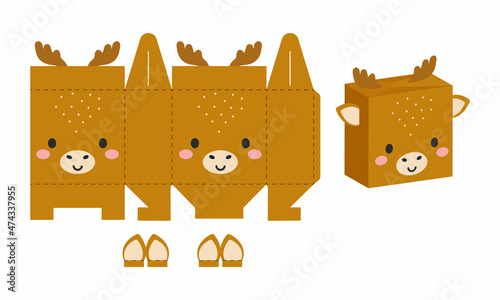 Simple packaging favor box moose design for sweets, candies, presents, bakery. DIY package template for any purposes, birthdays, baby showers, halloween, christmas. Print, cutout, fold, glue.