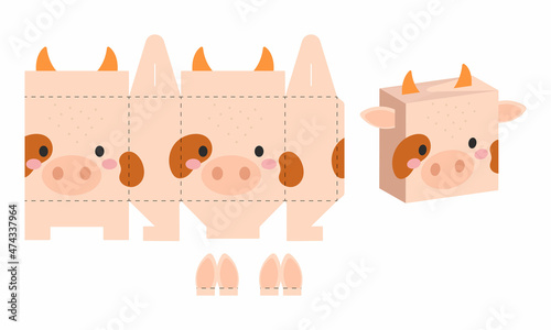 Simple packaging favor box cow design for sweets, candies, presents, bakery. DIY package template for any purposes, birthdays, baby showers, halloween, christmas. Print, cutout, fold, glue.