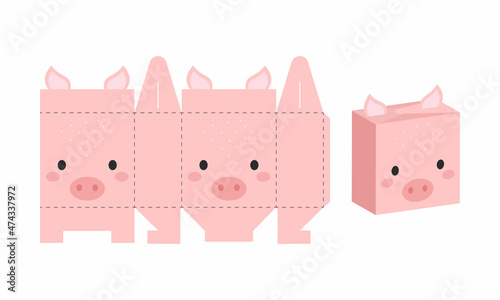 Simple packaging favor box pig design for sweets, candies, presents, bakery. DIY package template for any purposes, birthdays, baby showers, halloween, christmas. Print, cutout, fold, glue.