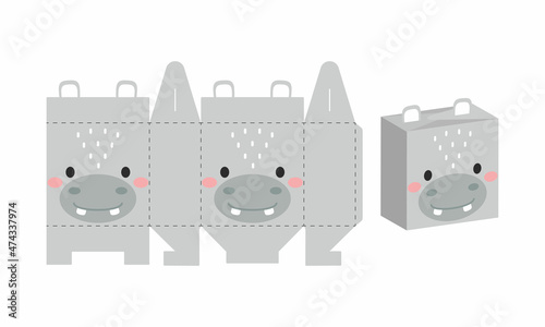 Simple packaging favor box hippo design for sweets, candies, presents, bakery. DIY package template for any purposes, birthdays, baby showers, halloween, christmas. Print, cutout, fold, glue.