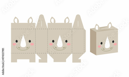 Simple packaging favor box rhino design for sweets, candies, presents, bakery. DIY package template for any purposes, birthdays, baby showers, halloween, christmas. Print, cutout, fold, glue.