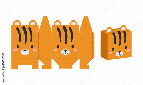 Simple packaging favor box tiger design for sweets, candies, presents, bakery. DIY package template for any purposes, birthdays, baby showers, halloween, christmas. Print, cutout, fold, glue.