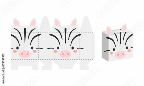 Simple packaging favor box zebra design for sweets, candies, presents, bakery. DIY package template for any purposes, birthdays, baby showers, halloween, christmas. Print, cutout, fold, glue.