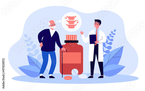 Doctor prescribing osteoporosis medicines for elderly patient. Senior man suffering from back pain flat vector illustration. Osteoporosis concept for banner, website design or landing web page
