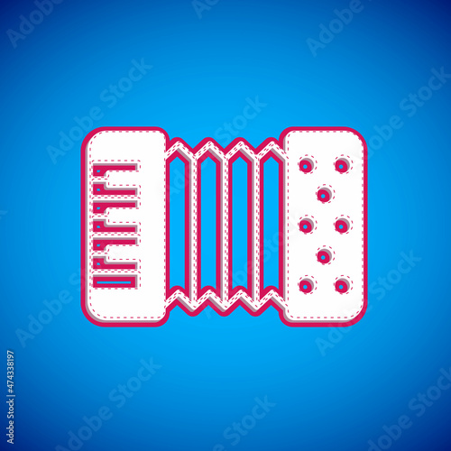 White Musical instrument accordion icon isolated on blue background. Classical bayan, harmonic. Vector