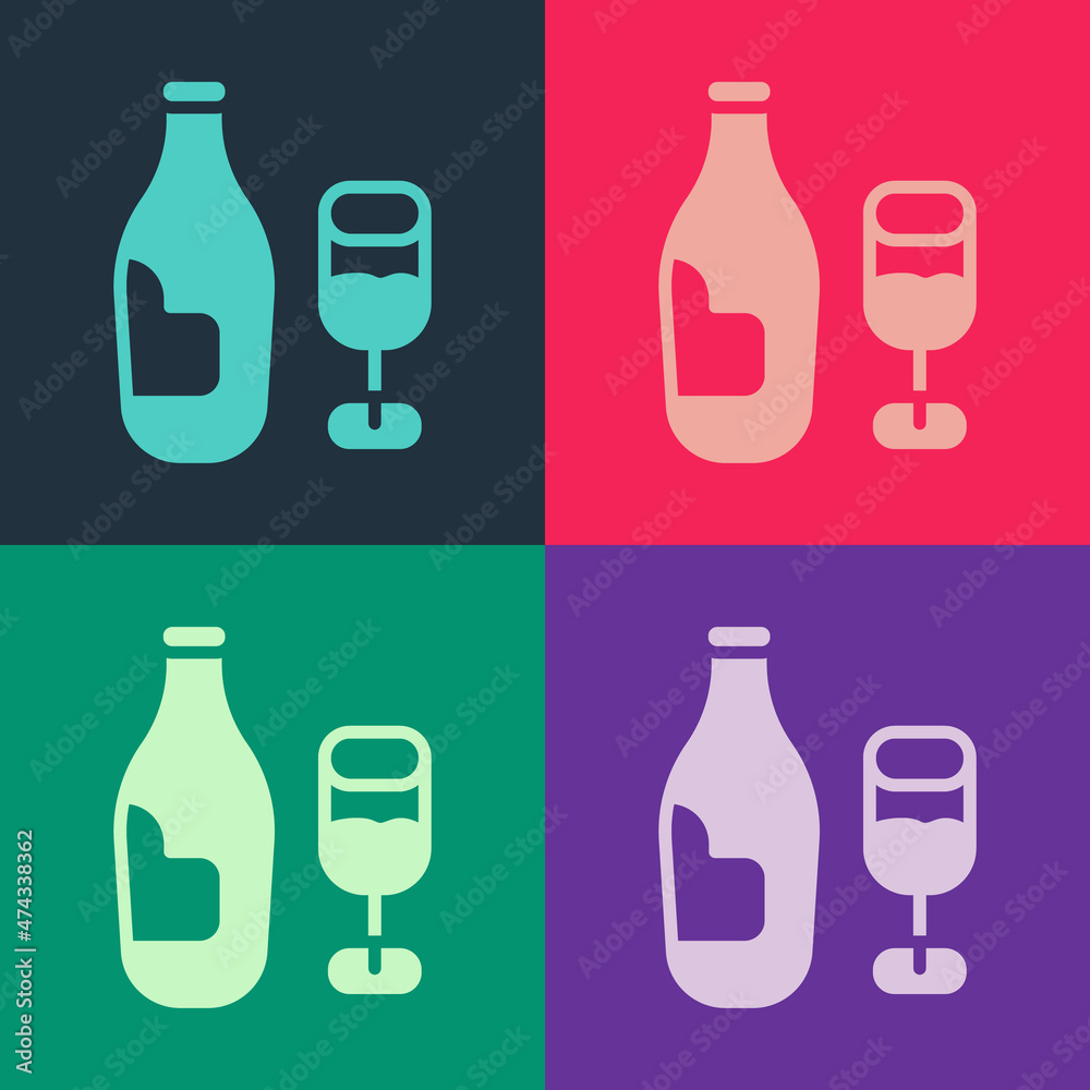 Pop art Wine bottle with glass icon isolated on color background. Vector Pop art Wine bottle with glass icon isolated on color background. Vector