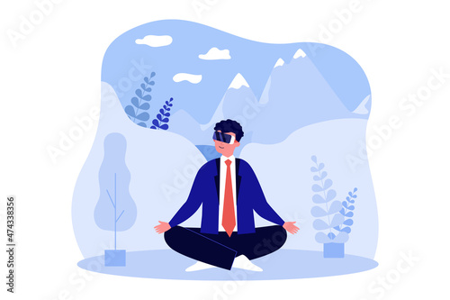Businessman meditating in virtual reality, using VR headset. Man sitting in nature simulation glasses flat vector illustration. Cyberspace concept for banner, website design or landing web page