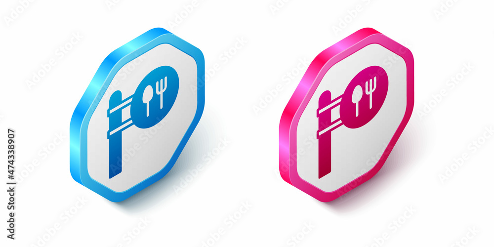 Isometric Cafe and restaurant location icon isolated on white background. Fork and spoon eatery sign inside pinpoint. Hexagon button. Vector.