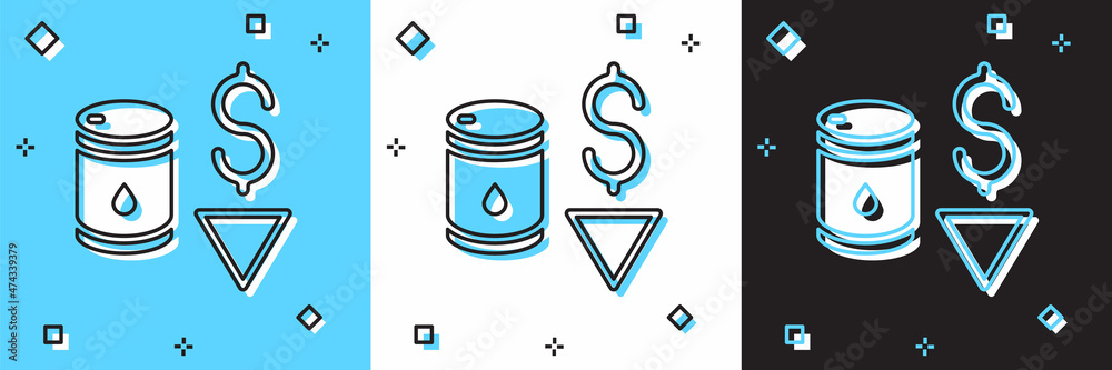 Set Drop in crude oil price icon isolated on blue and white, black background. Oil industry crisis concept. Vector Set Drop in crude oil price icon isolated on blue and white, black background. Oil industry crisis concept. Vector