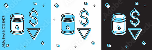 Set Drop in crude oil price icon isolated on blue and white, black background. Oil industry crisis concept. Vector