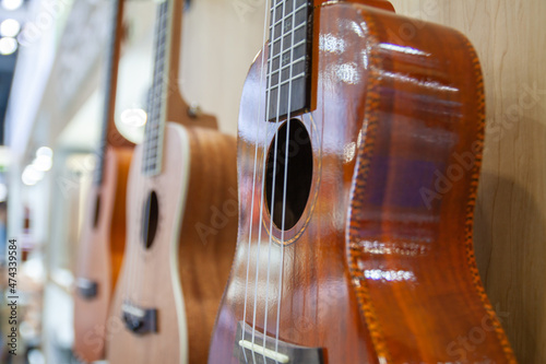 Acoustic guitars in the row hangs on the wall, musical instruments, music store