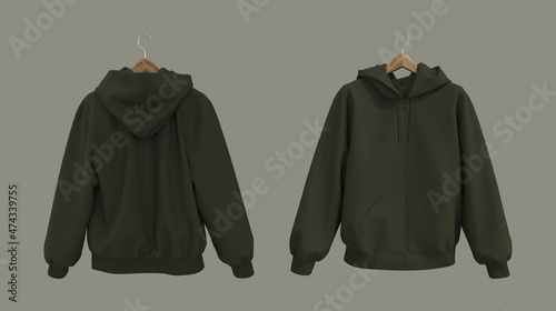 Blank hooded sweatshirt  mockup with zipper in front, side and back views, 3d rendering, 3d illustration photo