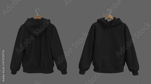 Blank hooded sweatshirt mockup with zipper in front, side and back views, 3d rendering, 3d illustration