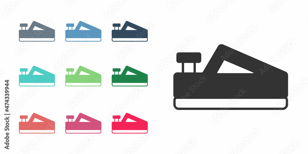 Black Wood plane tool for woodworker hand crafted icon isolated on white background. Jointer plane. Set icons colorful. Vector Black Wood plane tool for woodworker hand crafted icon isolated on white background. Jointer plane. Set icons colorful. Vector