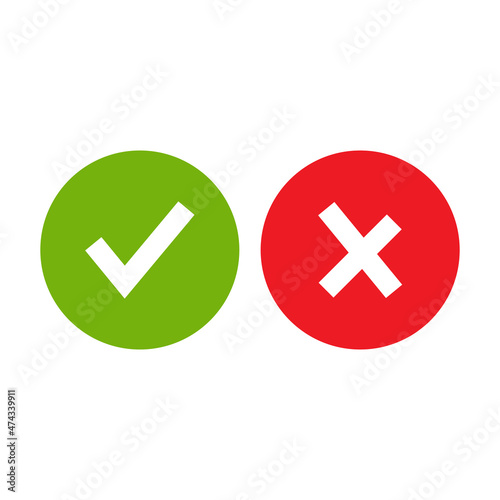 Set of check mark icons. green lopsided tick in circle and cross in circle
