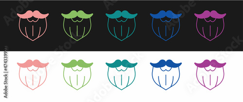 Set Mustache and beard icon isolated on black and white background. Barbershop symbol. Facial hair style. Vector