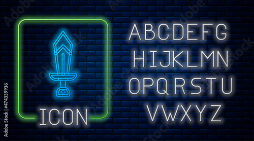 Glowing neon Sword for game icon isolated on brick wall background. Neon light alphabet. Vector