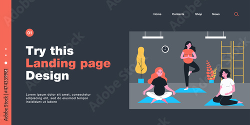 Happy pregnant women doing yoga exercises on mats. Female characters with bellies standing and sitting in yoga poses flat vector illustration. Pregnancy, fitness concept for banner or website design