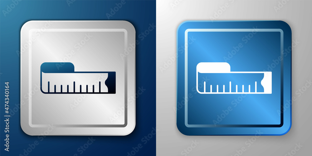 White Tape measure icon isolated on blue and grey background. Measuring tape. Silver and blue square button. Vector White Tape measure icon isolated on blue and grey background. Measuring tape. Silver and blue square button. Vector
