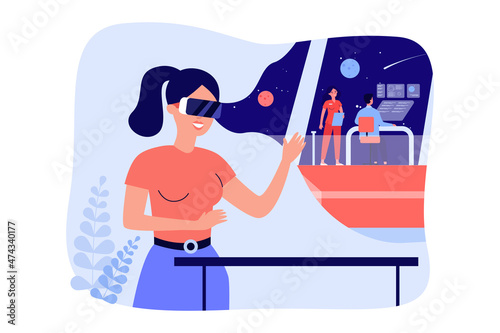 Woman in VR glasses working in space research center. Simulation of girls work in virtual reality flat vector illustration. Innovation, science concept for banner, website design or landing web page
