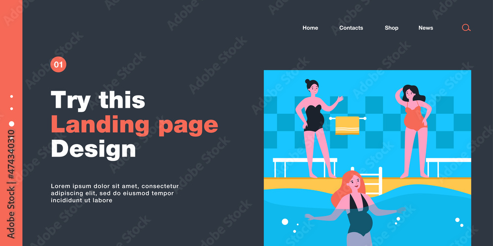 Happy pregnant women attending swimming pool. Female character with belly in swimsuit swimming in water flat vector illustration. Pregnancy, sports concept for banner, website design or landing page